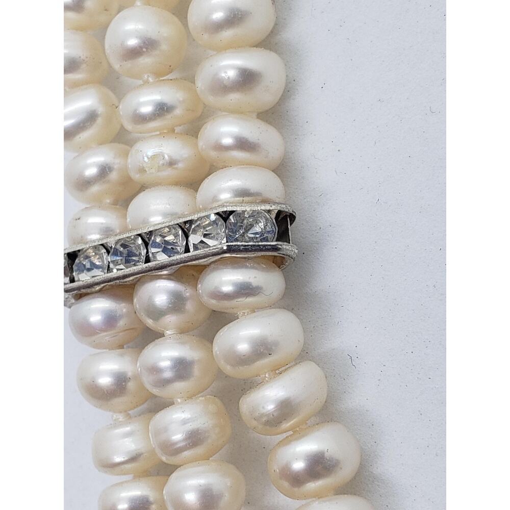 Freshwater Pearl Necklace 3 Strand White Rhinestone Spacers Silver Tone Layered - Picture 10 of 15